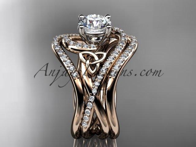 14kt rose gold diamond celtic trinity knot wedding ring, engagement ring with a "Forever One" Moissanite center stone and double matching band CT7320S - AnjaysDesigns