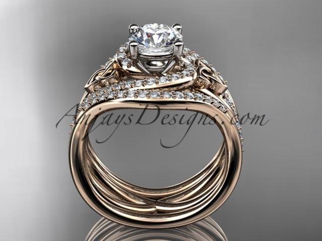 14kt rose gold diamond celtic trinity knot wedding ring, engagement ring with double matching band CT7320S - AnjaysDesigns
