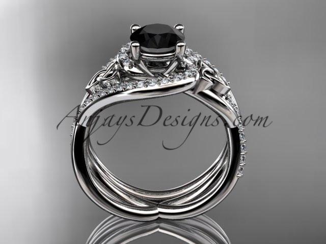 platinum diamond celtic trinity knot wedding ring, engagement set with a Black Diamond center stone CT7320S - AnjaysDesigns