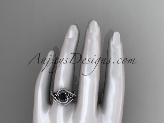 platinum diamond celtic trinity knot wedding ring, engagement set with a Black Diamond center stone CT7320S - AnjaysDesigns