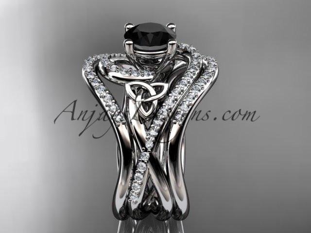 platinum diamond celtic trinity knot wedding ring, engagement ring with a Black Diamond center stone and double matching band CT7320S - AnjaysDesigns