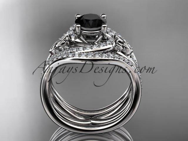 14kt white gold diamond celtic trinity knot wedding ring, engagement ring with a Black Diamond center stone and double matching band CT7320S - AnjaysDesigns