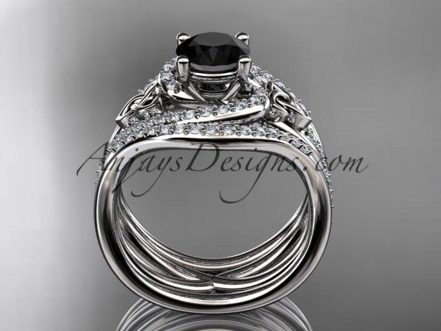 platinum diamond celtic trinity knot wedding ring, engagement ring with a Black Diamond center stone and double matching band CT7320S - AnjaysDesigns