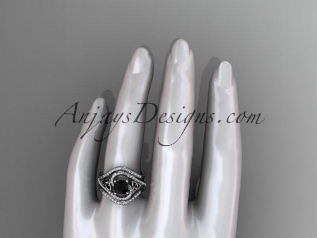 platinum diamond celtic trinity knot wedding ring, engagement ring with a Black Diamond center stone and double matching band CT7320S - AnjaysDesigns