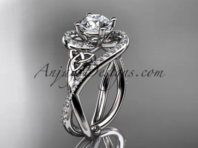 platinum diamond celtic trinity knot wedding ring, engagement ring with a "Forever One" Moissanite center stone CT7320 - AnjaysDesigns