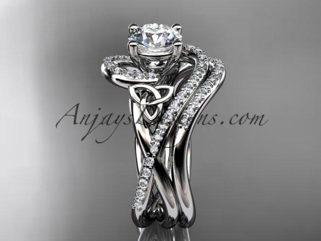 platinum diamond celtic trinity knot wedding ring, engagement set with a "Forever One" Moissanite center stone CT7320S - AnjaysDesigns