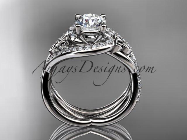 platinum diamond celtic trinity knot wedding ring, engagement set with a "Forever One" Moissanite center stone CT7320S - AnjaysDesigns