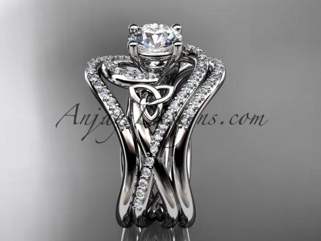 platinum diamond celtic trinity knot wedding ring, engagement ring with a "Forever One" Moissanite center stone and double matching band CT7320S - AnjaysDesigns