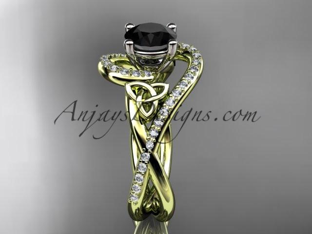 14kt yellow gold diamond celtic trinity knot wedding ring, engagement ring with a Black Diamond center stone CT7320 - AnjaysDesigns
