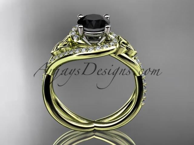 14kt yellow gold diamond celtic trinity knot wedding ring, engagement ring with a Black Diamond center stone CT7320 - AnjaysDesigns