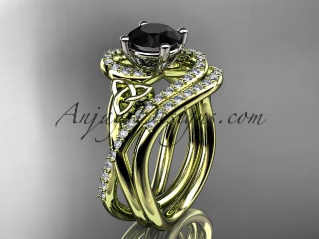 14kt yellow gold diamond celtic trinity knot wedding ring, engagement set with a Black Diamond center stone CT7320S - AnjaysDesigns