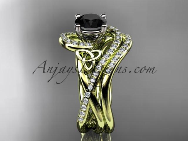 14kt yellow gold diamond celtic trinity knot wedding ring, engagement set with a Black Diamond center stone CT7320S - AnjaysDesigns