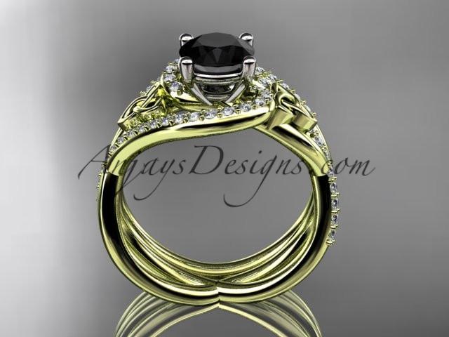 14kt yellow gold diamond celtic trinity knot wedding ring, engagement set with a Black Diamond center stone CT7320S - AnjaysDesigns