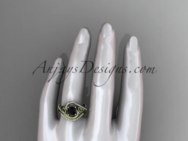 14kt yellow gold diamond celtic trinity knot wedding ring, engagement set with a Black Diamond center stone CT7320S - AnjaysDesigns