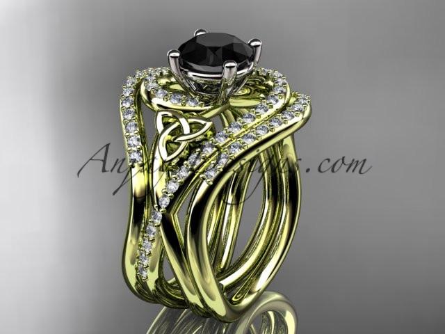 14kt yellow gold diamond celtic trinity knot wedding ring, engagement ring with a Black Diamond center stone and double matching band CT7320S - AnjaysDesigns