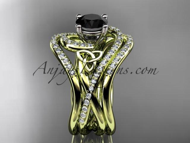 14kt yellow gold diamond celtic trinity knot wedding ring, engagement ring with a Black Diamond center stone and double matching band CT7320S - AnjaysDesigns