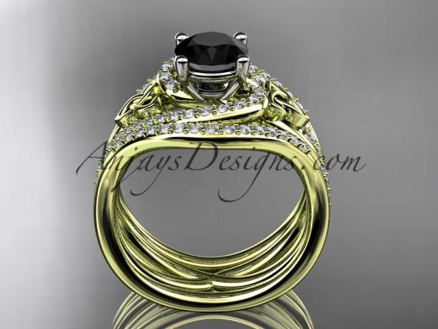 14kt yellow gold diamond celtic trinity knot wedding ring, engagement ring with a Black Diamond center stone and double matching band CT7320S - AnjaysDesigns