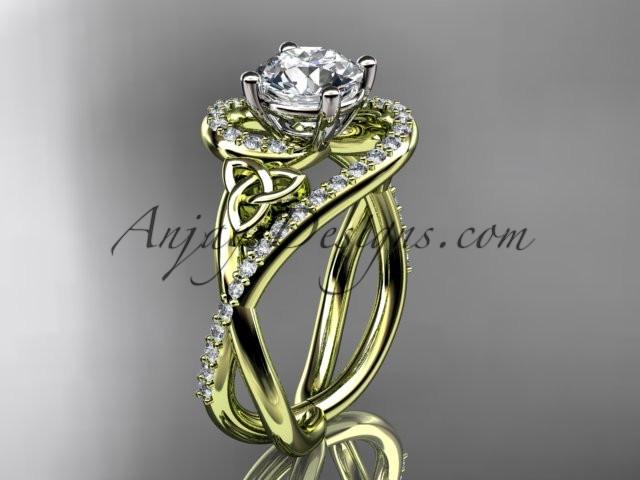 14kt yellow gold diamond celtic trinity knot wedding ring, engagement ring with a "Forever One" Moissanite center stone CT7320 - AnjaysDesigns