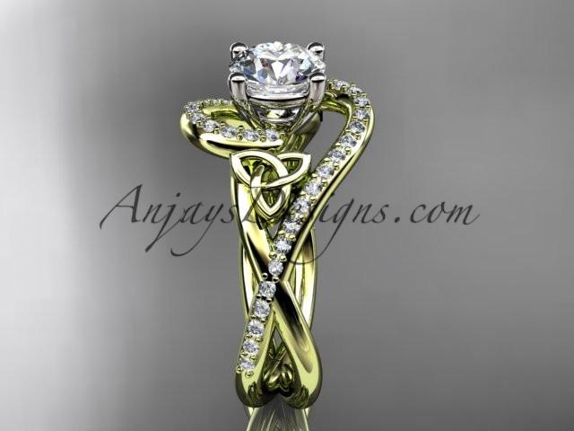 14kt yellow gold diamond celtic trinity knot wedding ring, engagement ring with a "Forever One" Moissanite center stone CT7320 - AnjaysDesigns