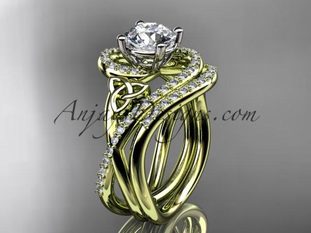 14kt yellow gold diamond celtic trinity knot wedding ring, engagement set with a "Forever One" Moissanite center stone CT7320S - AnjaysDesigns