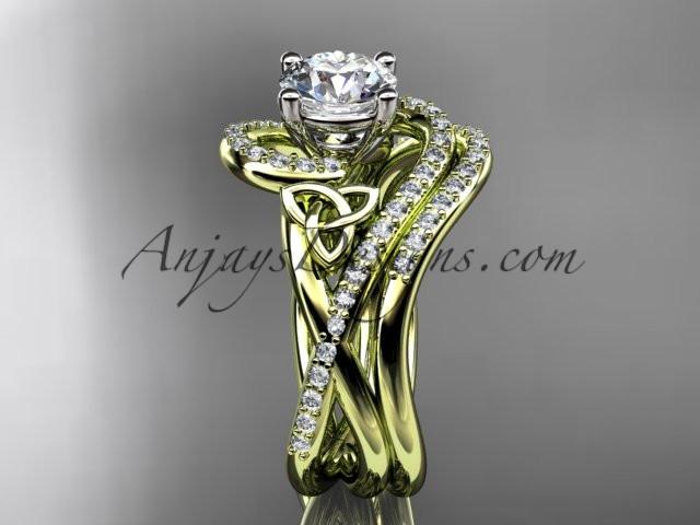 14kt yellow gold diamond celtic trinity knot wedding ring, engagement set with a "Forever One" Moissanite center stone CT7320S - AnjaysDesigns