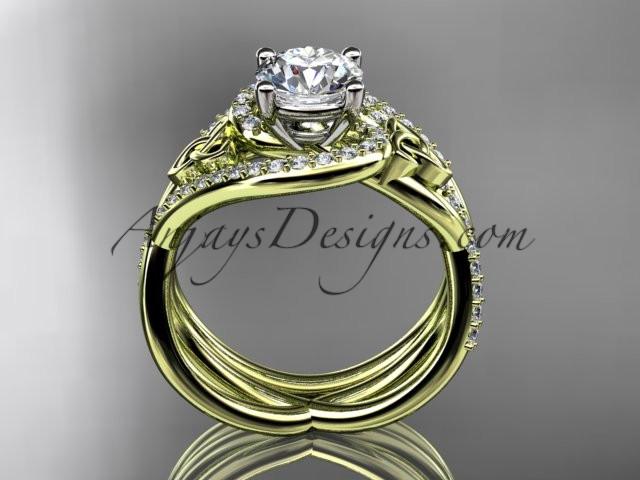 14kt yellow gold diamond celtic trinity knot wedding ring, engagement set with a "Forever One" Moissanite center stone CT7320S - AnjaysDesigns