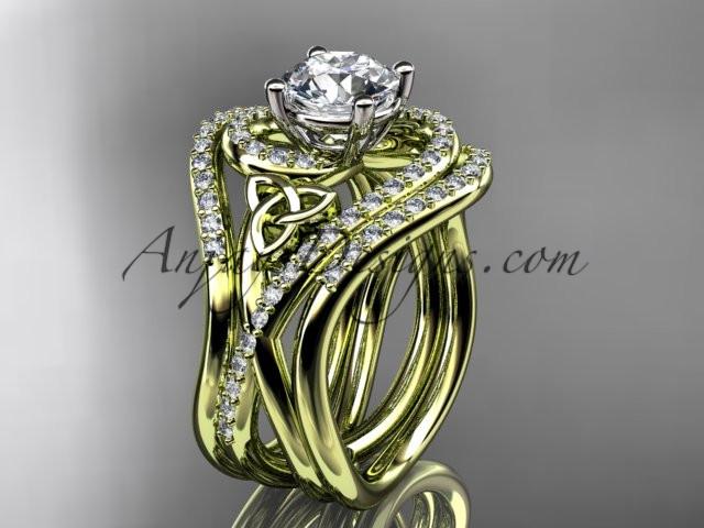 14kt yellow gold diamond celtic trinity knot wedding ring, engagement ring with a "Forever One" Moissanite center stone and double matching band CT7320S - AnjaysDesigns