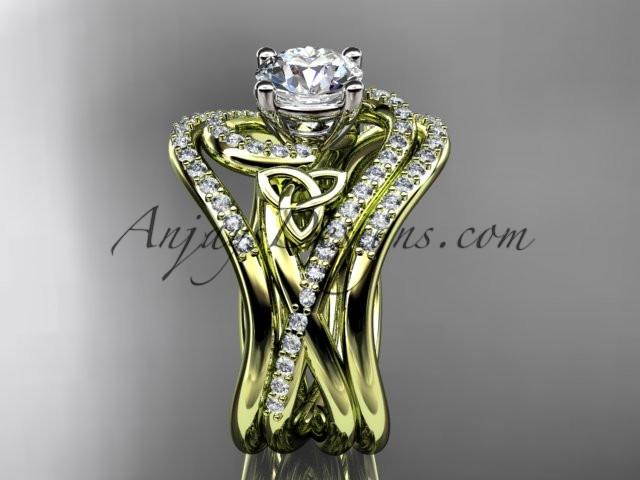 14kt yellow gold diamond celtic trinity knot wedding ring, engagement ring with double matching band CT7320S - AnjaysDesigns