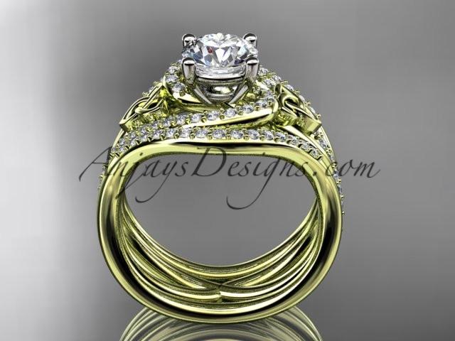 14kt yellow gold diamond celtic trinity knot wedding ring, engagement ring with a "Forever One" Moissanite center stone and double matching band CT7320S - AnjaysDesigns