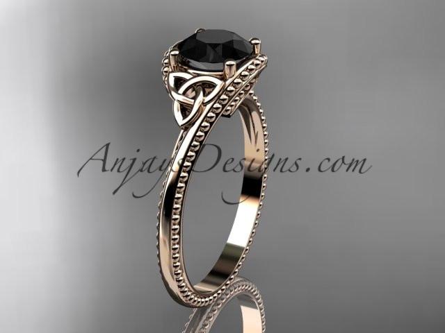 14kt rose gold celtic trinity knot wedding ring, engagement ring with a Black Diamond center stone CT7322 - AnjaysDesigns