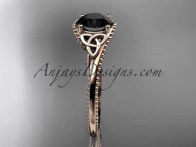 14kt rose gold celtic trinity knot wedding ring, engagement ring with a Black Diamond center stone CT7322 - AnjaysDesigns