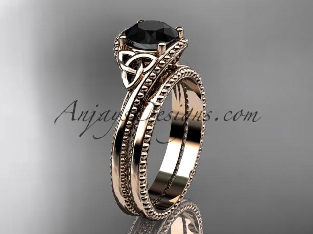 14kt rose gold celtic trinity knot wedding ring, engagement set with a Black Diamond center stone CT7322S - AnjaysDesigns
