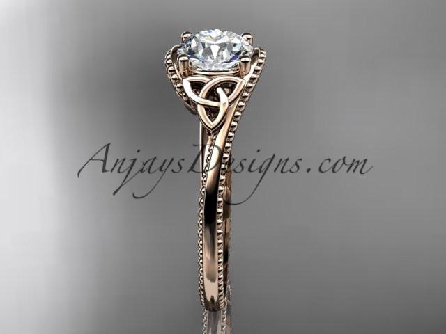 14kt rose gold celtic trinity knot wedding ring, engagement ring with a "Forever One" Moissanite center stone CT7322 - AnjaysDesigns