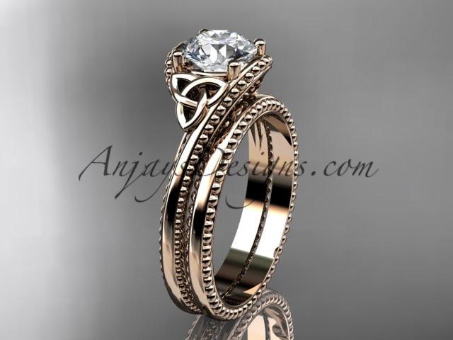 14kt rose gold celtic trinity knot wedding ring, engagement set with a "Forever One" Moissanite center stone CT7322S - AnjaysDesigns
