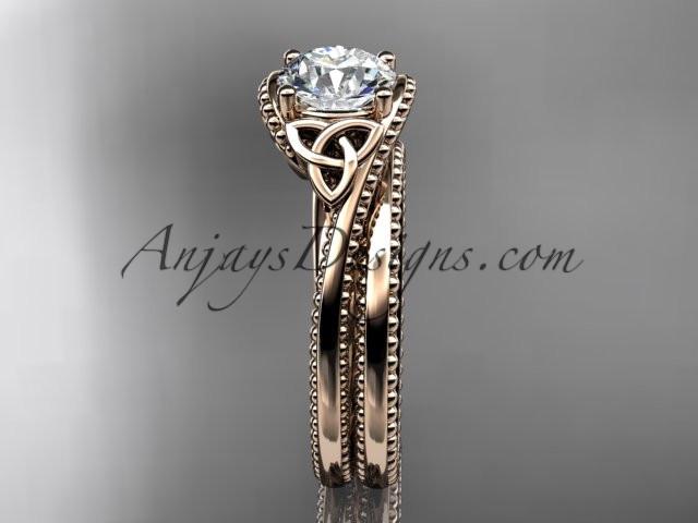 14kt rose gold celtic trinity knot wedding ring, engagement set with a "Forever One" Moissanite center stone CT7322S - AnjaysDesigns