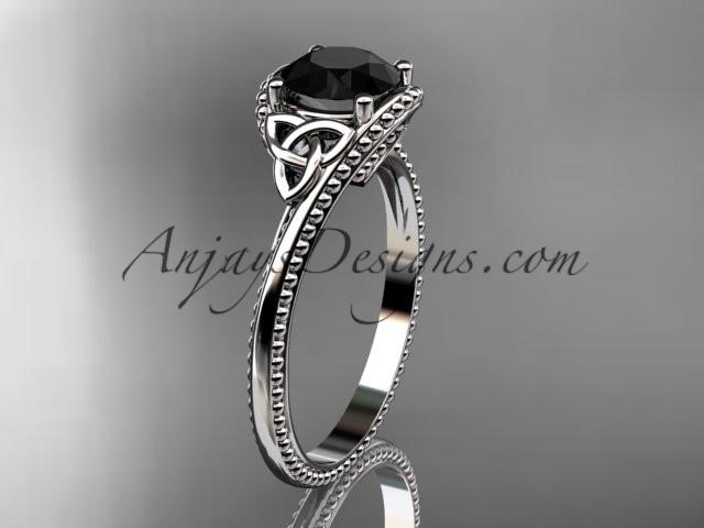 14kt white gold celtic trinity knot wedding ring, engagement ring with a Black Diamond center stone CT7322 - AnjaysDesigns