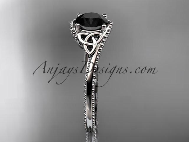 14kt white gold celtic trinity knot wedding ring, engagement ring with a Black Diamond center stone CT7322 - AnjaysDesigns