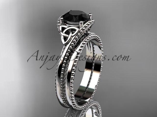 platinum celtic trinity knot wedding ring, engagement set with a Black Diamond center stone CT7322S - AnjaysDesigns