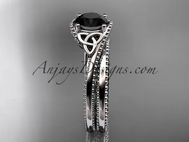 platinum celtic trinity knot wedding ring, engagement set with a Black Diamond center stone CT7322S - AnjaysDesigns