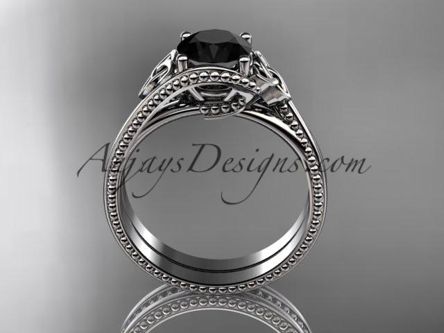platinum celtic trinity knot wedding ring, engagement set with a Black Diamond center stone CT7322S - AnjaysDesigns