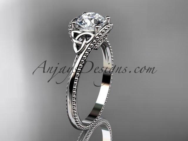 platinum celtic trinity knot wedding ring, engagement ring with a "Forever One" Moissanite center stone CT7322 - AnjaysDesigns