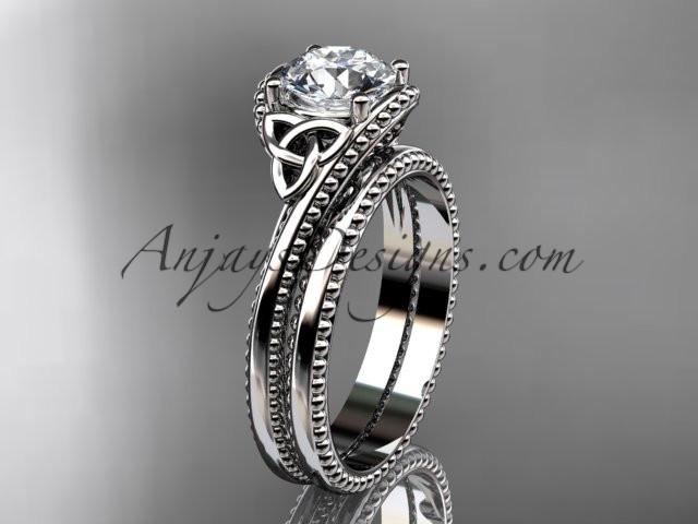 platinum celtic trinity knot wedding ring, engagement set with a "Forever One" Moissanite center stone CT7322S - AnjaysDesigns