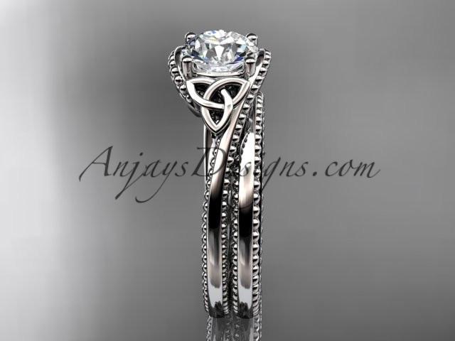 platinum celtic trinity knot wedding ring, engagement set with a "Forever One" Moissanite center stone CT7322S - AnjaysDesigns