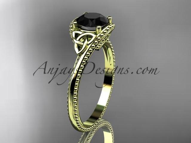 14kt yellow gold celtic trinity knot wedding ring, engagement ring with a Black Diamond center stone CT7322 - AnjaysDesigns