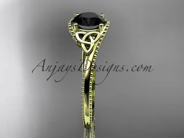 14kt yellow gold celtic trinity knot wedding ring, engagement ring with a Black Diamond center stone CT7322 - AnjaysDesigns