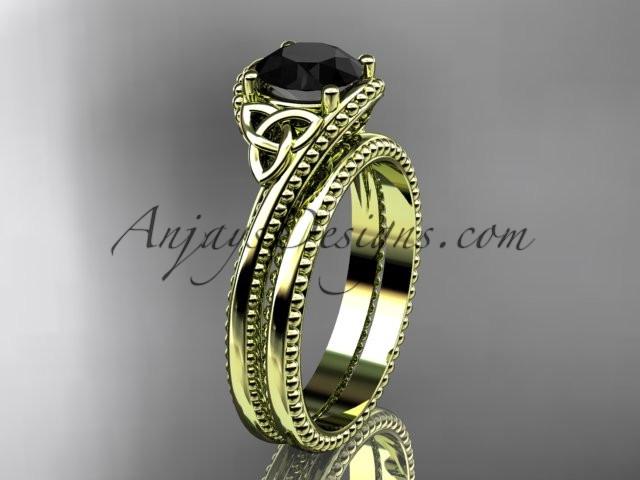 14kt yellow gold celtic trinity knot wedding ring, engagement set with a Black Diamond center stone CT7322S - AnjaysDesigns