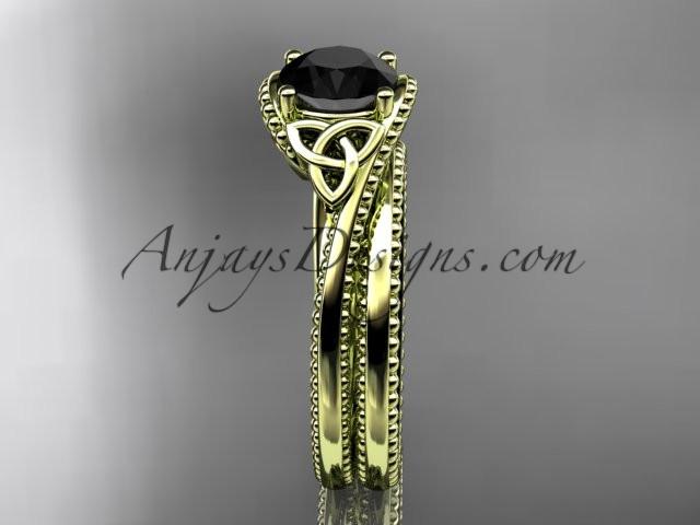 14kt yellow gold celtic trinity knot wedding ring, engagement set with a Black Diamond center stone CT7322S - AnjaysDesigns
