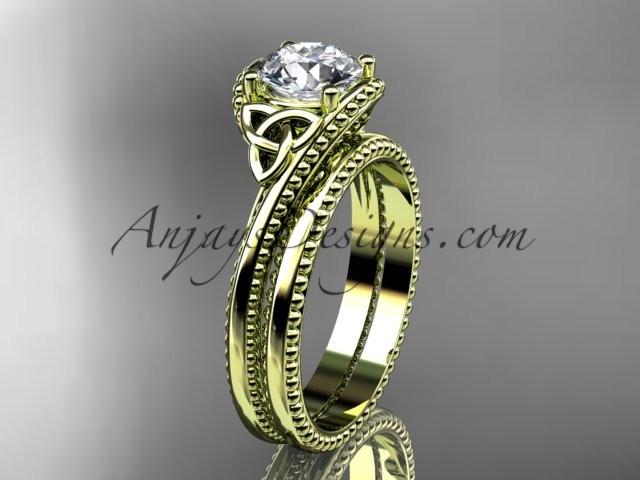 14kt yellow gold celtic trinity knot wedding ring, engagement set with a "Forever One" Moissanite center stone CT7322S - AnjaysDesigns