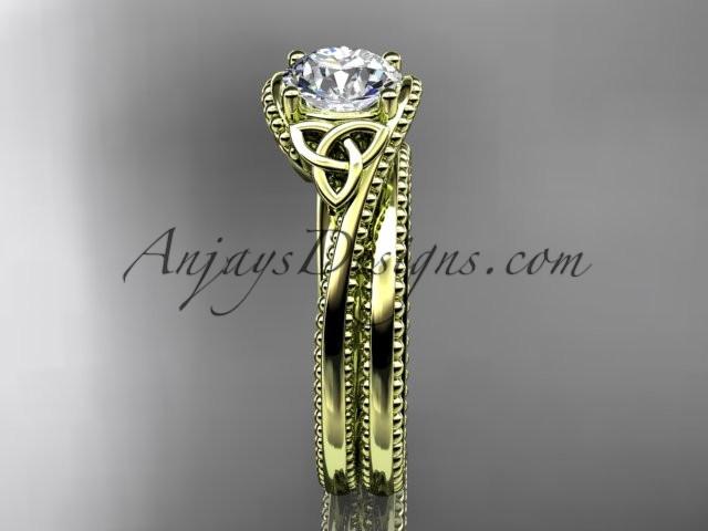 14kt yellow gold celtic trinity knot wedding ring, engagement set with a "Forever One" Moissanite center stone CT7322S - AnjaysDesigns