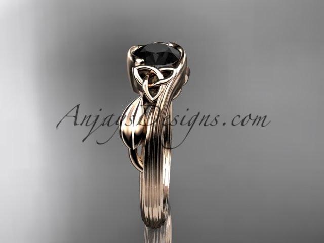 14kt rose gold diamond celtic trinity knot wedding ring, engagement ring with a Black Diamond center stone CT7324 - AnjaysDesigns